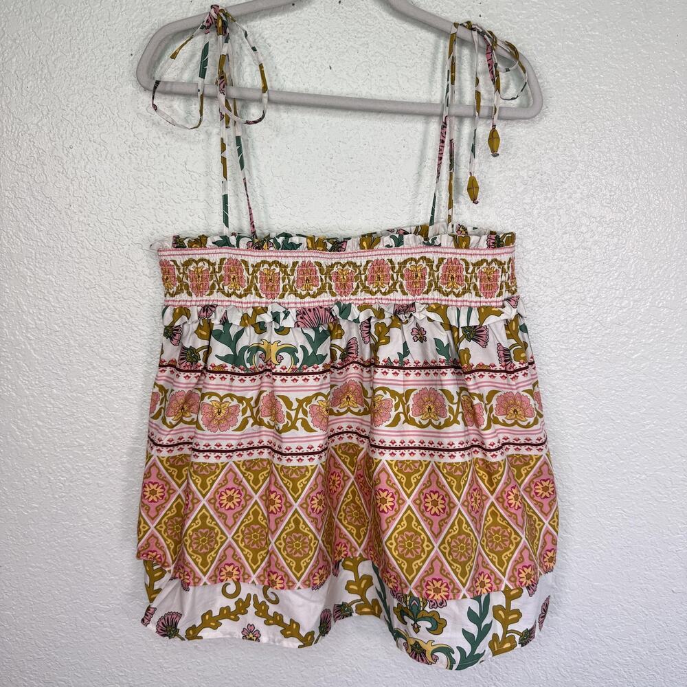 Sarah Hann Anthropologie Tank Top Women Large Floral Cotton Cami Tie Strap Boho
